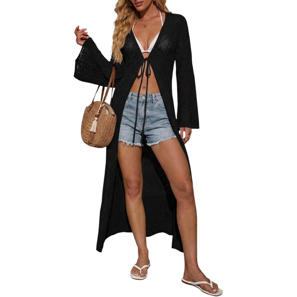 image:imageSaodimallsu Womens Crochet Beach Cover up Tie Front Bell Sleeve Lightweight Knit Long Cardigans Summer Vacation OutfitsBlack