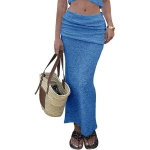 Saodimallsu Womens Beach Cover Up Maxi Skirt Sheer Fuzzy Knit Fold Over Mid Rise 2026 Summer Swimsuit Coverup(Blue)