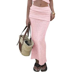 Saodimallsu Womens Beach Cover Up Maxi Skirt Sheer Fuzzy Knit Fold Over Mid Rise 2026 Summer Swimsuit Coverup(Pink)