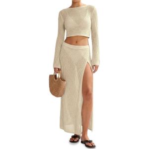 Saodimallsu Womens Crochet Beach Cover Ups Set 2 Piece 2026 Boat Neck Crop Long Sleeve Tops High Slit Maxi Skirt Sets(Beige)