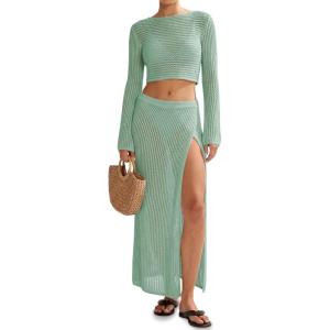 Saodimallsu Womens Crochet Beach Cover Ups Set 2 Piece 2026 Boat Neck Crop Long Sleeve Tops High Slit Maxi Skirt Sets(Green)