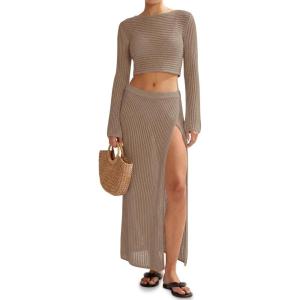 Saodimallsu Womens Crochet Beach Cover Ups Set 2 Piece 2026 Boat Neck Crop Long Sleeve Tops High Slit Maxi Skirt Sets(Khaki)
