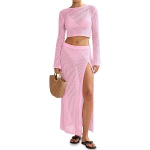 Saodimallsu Womens Crochet Beach Cover Ups Set 2 Piece 2026 Boat Neck Crop Long Sleeve Tops High Slit Maxi Skirt Sets(Pink)