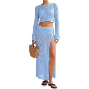 Saodimallsu Womens Crochet Beach Cover Ups Set 2 Piece 2026 Boat Neck Crop Long Sleeve Tops High Slit Maxi Skirt Sets(Sky Blue)