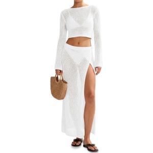 Saodimallsu Womens Crochet Beach Cover Ups Set 2 Piece 2026 Boat Neck Crop Long Sleeve Tops High Slit Maxi Skirt Sets(White)