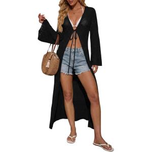 Saodimallsu Womens Crochet Beach Cover up Tie Front Bell Sleeve Lightweight Knit Long Cardigans Summer Vacation Outfits(Black)