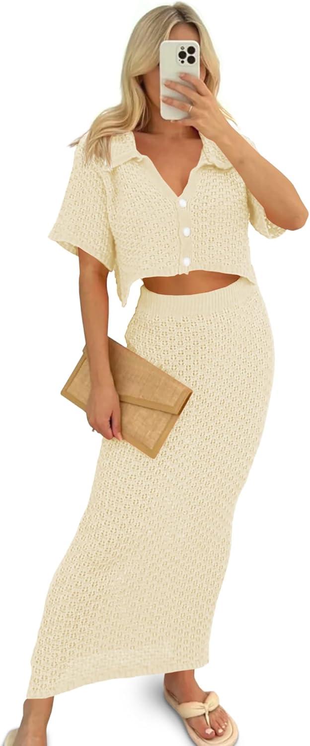 image:imageSaodimallsu Women Crochet Beach Cover Up Set Knit Crop Button Short Sleeve Collar Top Bodycon Long Skirt 2 Piece OutfitsApricot