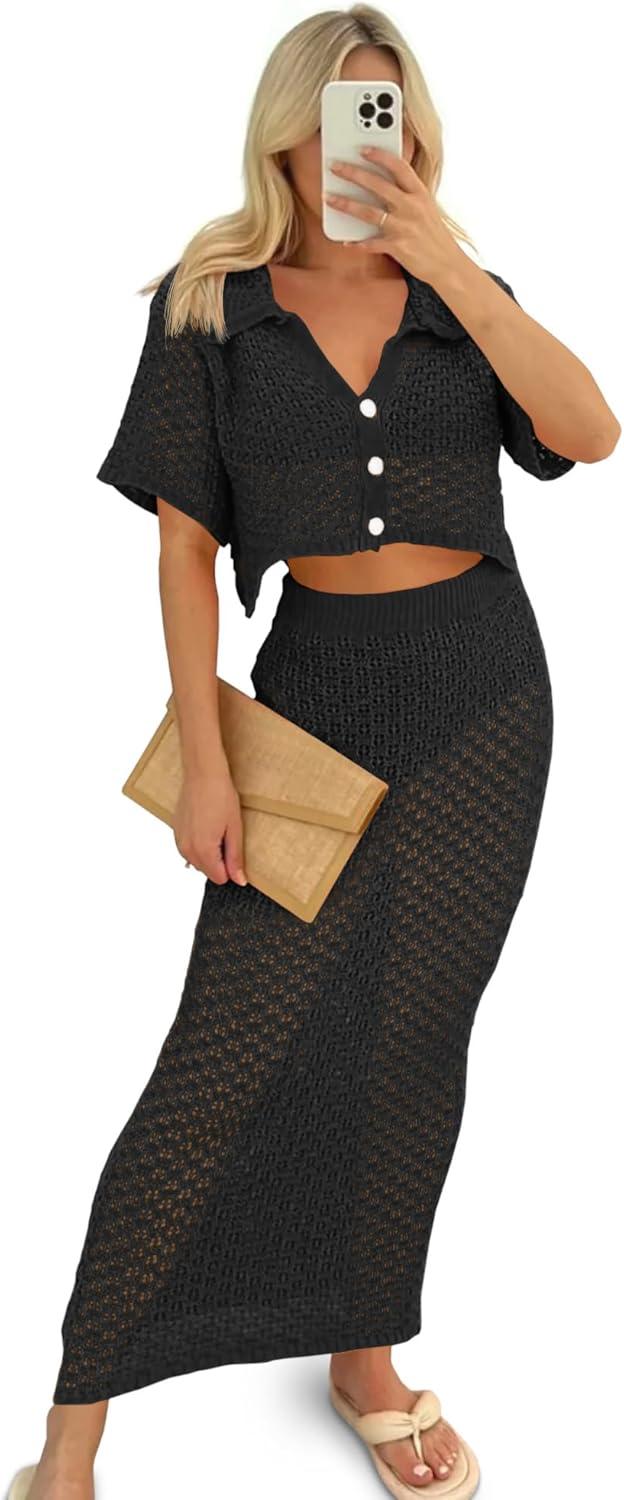 image:imageSaodimallsu Women Crochet Beach Cover Up Set Knit Crop Button Short Sleeve Collar Top Bodycon Long Skirt 2 Piece OutfitsBlack