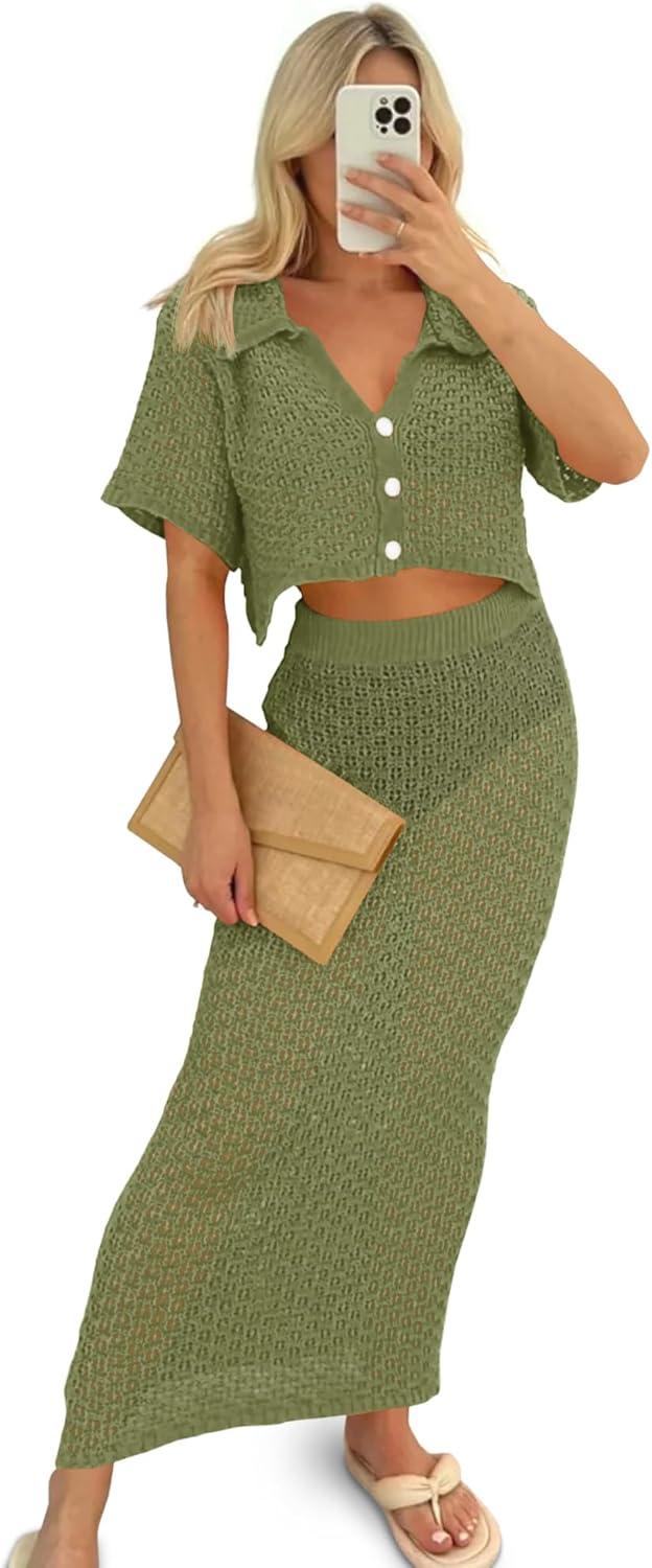 image:imageSaodimallsu Women Crochet Beach Cover Up Set Knit Crop Button Short Sleeve Collar Top Bodycon Long Skirt 2 Piece OutfitsGreen