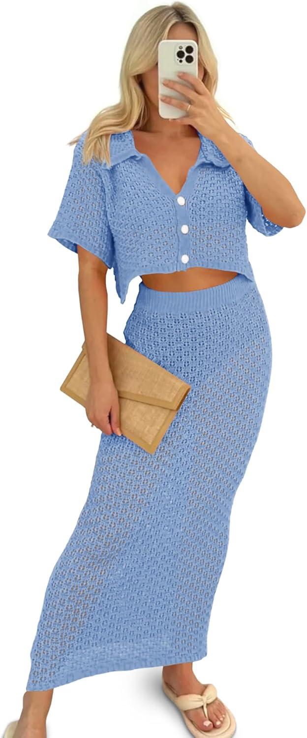image:imageSaodimallsu Women Crochet Beach Cover Up Set Knit Crop Button Short Sleeve Collar Top Bodycon Long Skirt 2 Piece OutfitsLight Blue