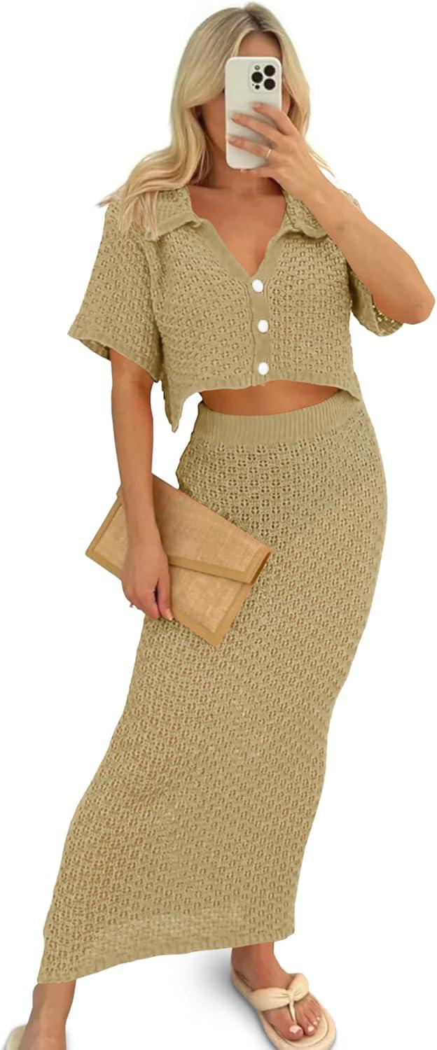 image:imageSaodimallsu Women Crochet Beach Cover Up Set Knit Crop Button Short Sleeve Collar Top Bodycon Long Skirt 2 Piece OutfitsLight Khaki