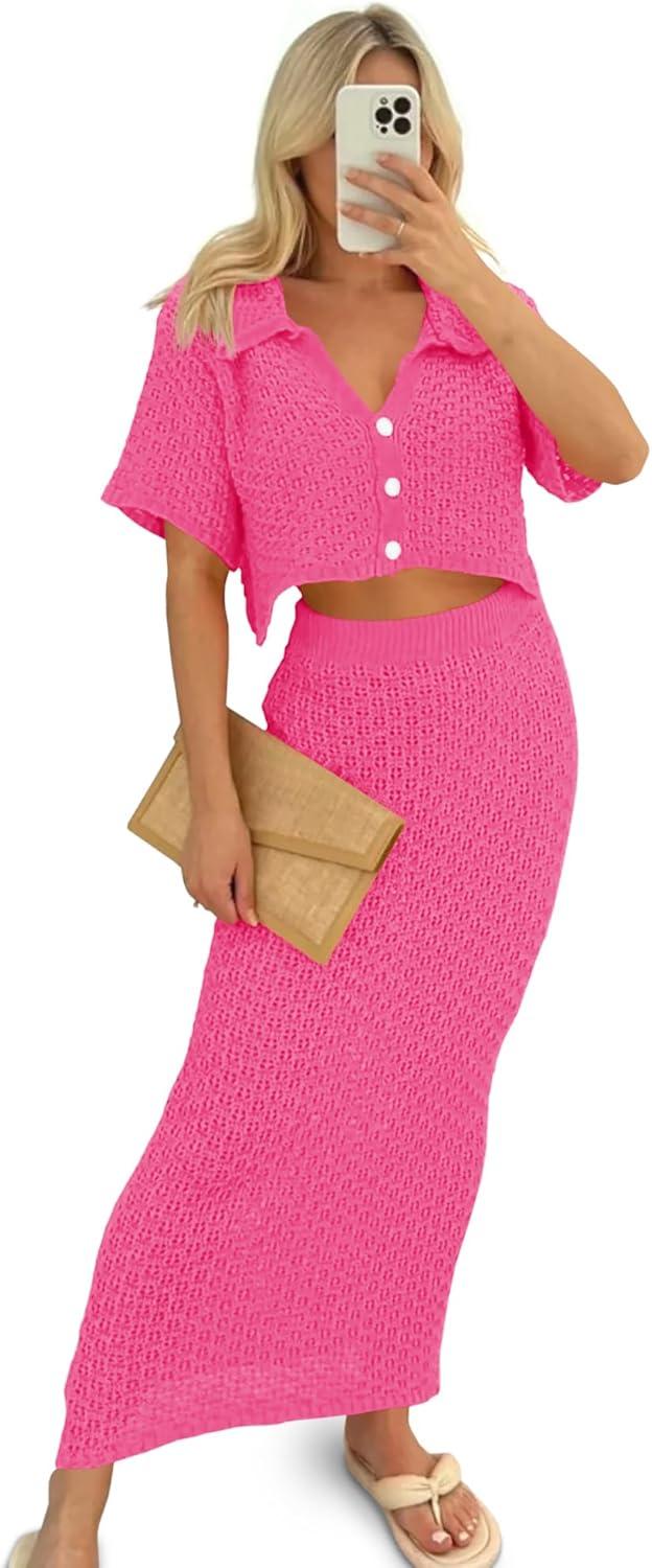 image:imageSaodimallsu Women Crochet Beach Cover Up Set Knit Crop Button Short Sleeve Collar Top Bodycon Long Skirt 2 Piece OutfitsRose Red