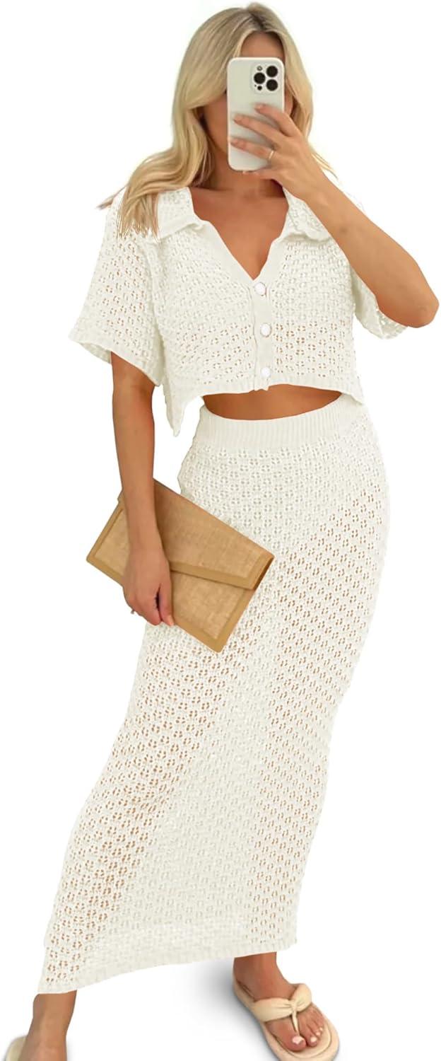 image:imageSaodimallsu Women Crochet Beach Cover Up Set Knit Crop Button Short Sleeve Collar Top Bodycon Long Skirt 2 Piece OutfitsWhite