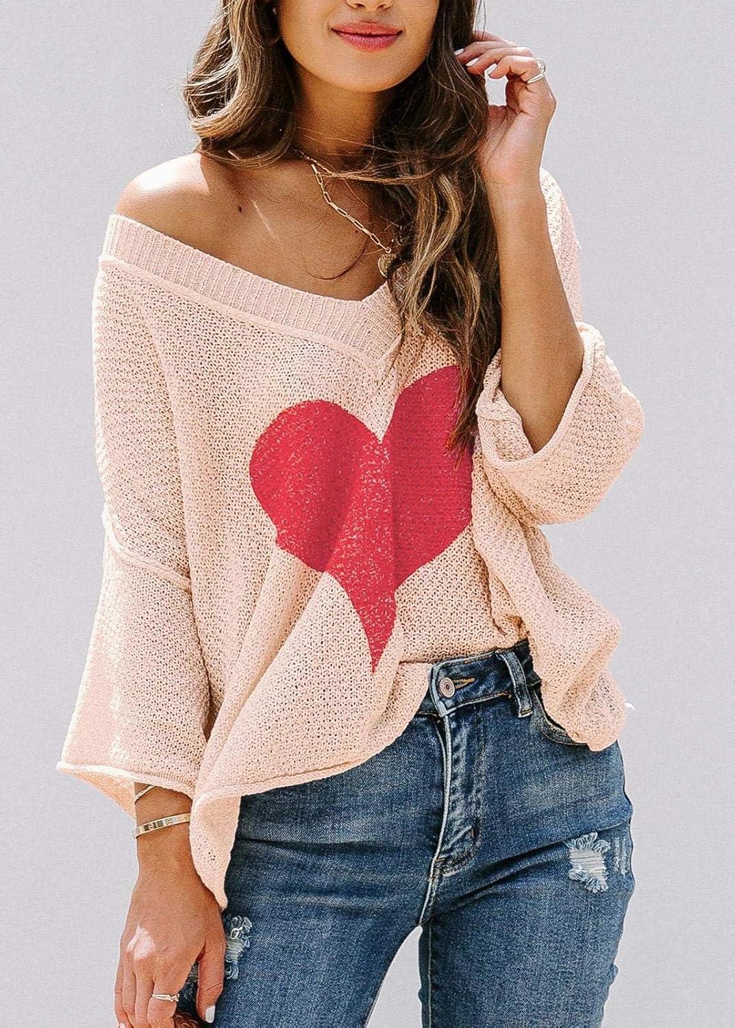 image:imageSaodimallsu Womens Cute Heart Sweaters Short Sleeve V Neck Valentines Tops Lightweight Knit Casual ShirtsBeige