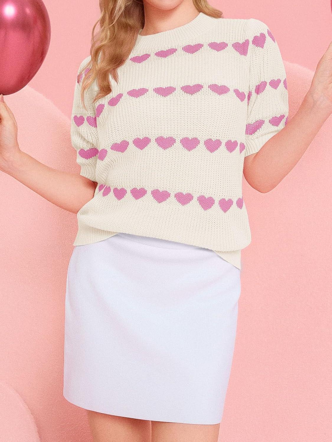 image:imageSaodimallsu Womens Heart Striped Sweaters Valentines Puff Short Sleeve Sweaters Cute Lightweight Knit Crewneck TopsBeige