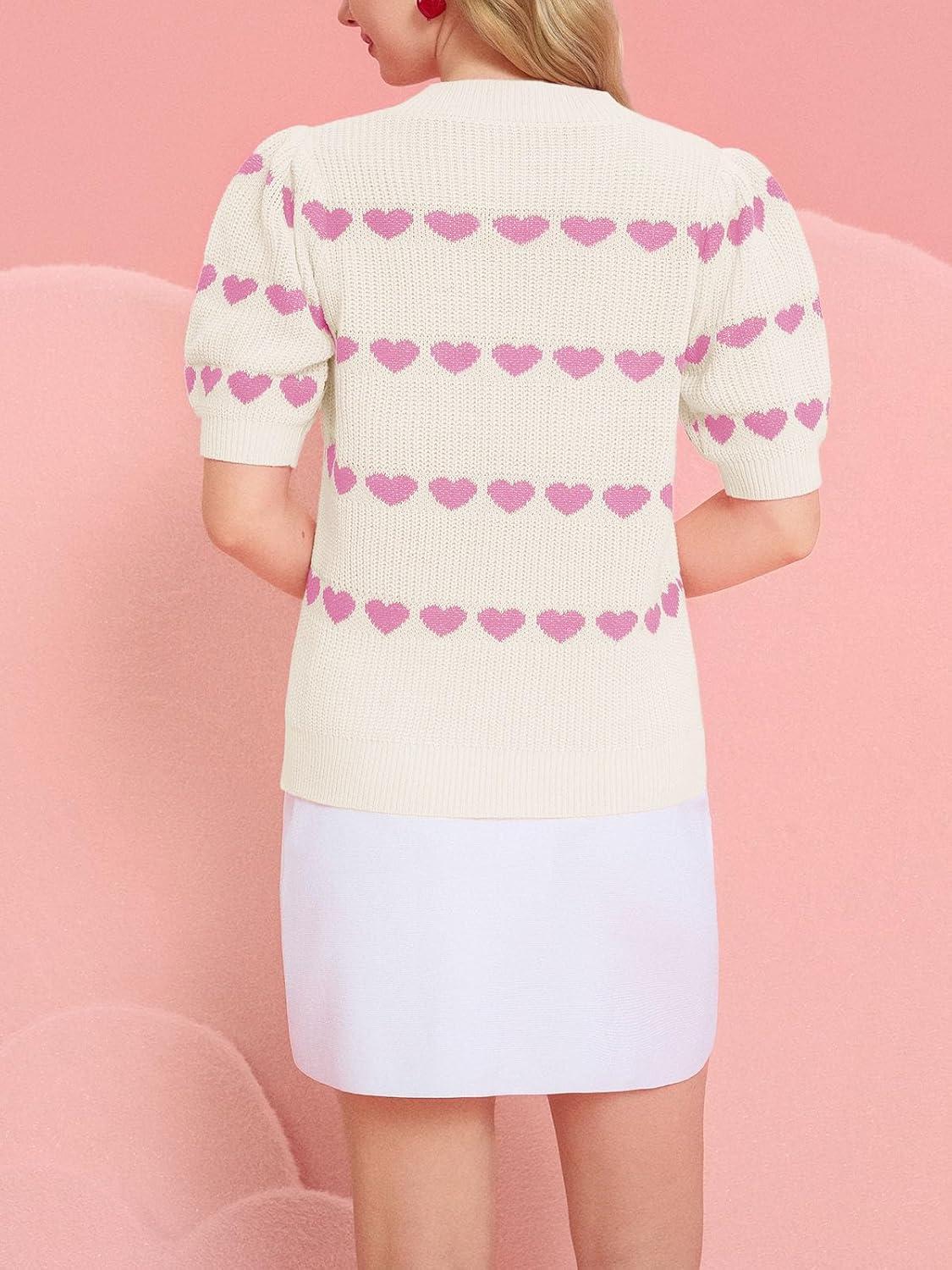 image:imageSaodimallsu Womens Heart Striped Sweaters Valentines Puff Short Sleeve Sweaters Cute Lightweight Knit Crewneck TopsBeige
