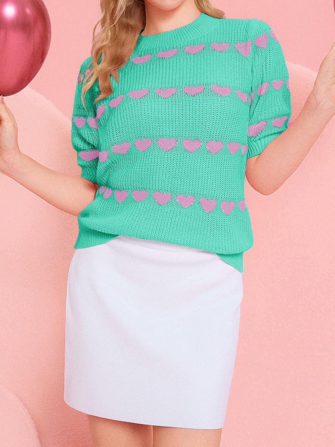 image:imageSaodimallsu Womens Heart Striped Sweaters Valentines Puff Short Sleeve Sweaters Cute Lightweight Knit Crewneck TopsGreen