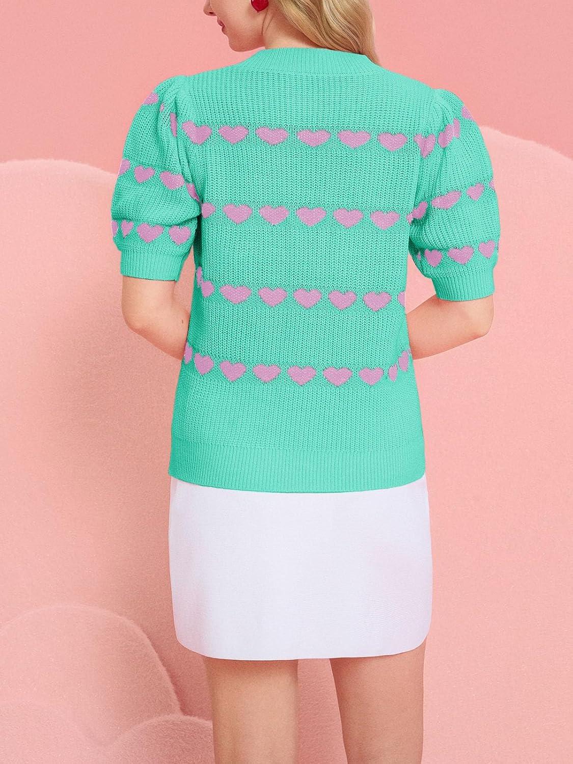 image:imageSaodimallsu Womens Heart Striped Sweaters Valentines Puff Short Sleeve Sweaters Cute Lightweight Knit Crewneck TopsGreen