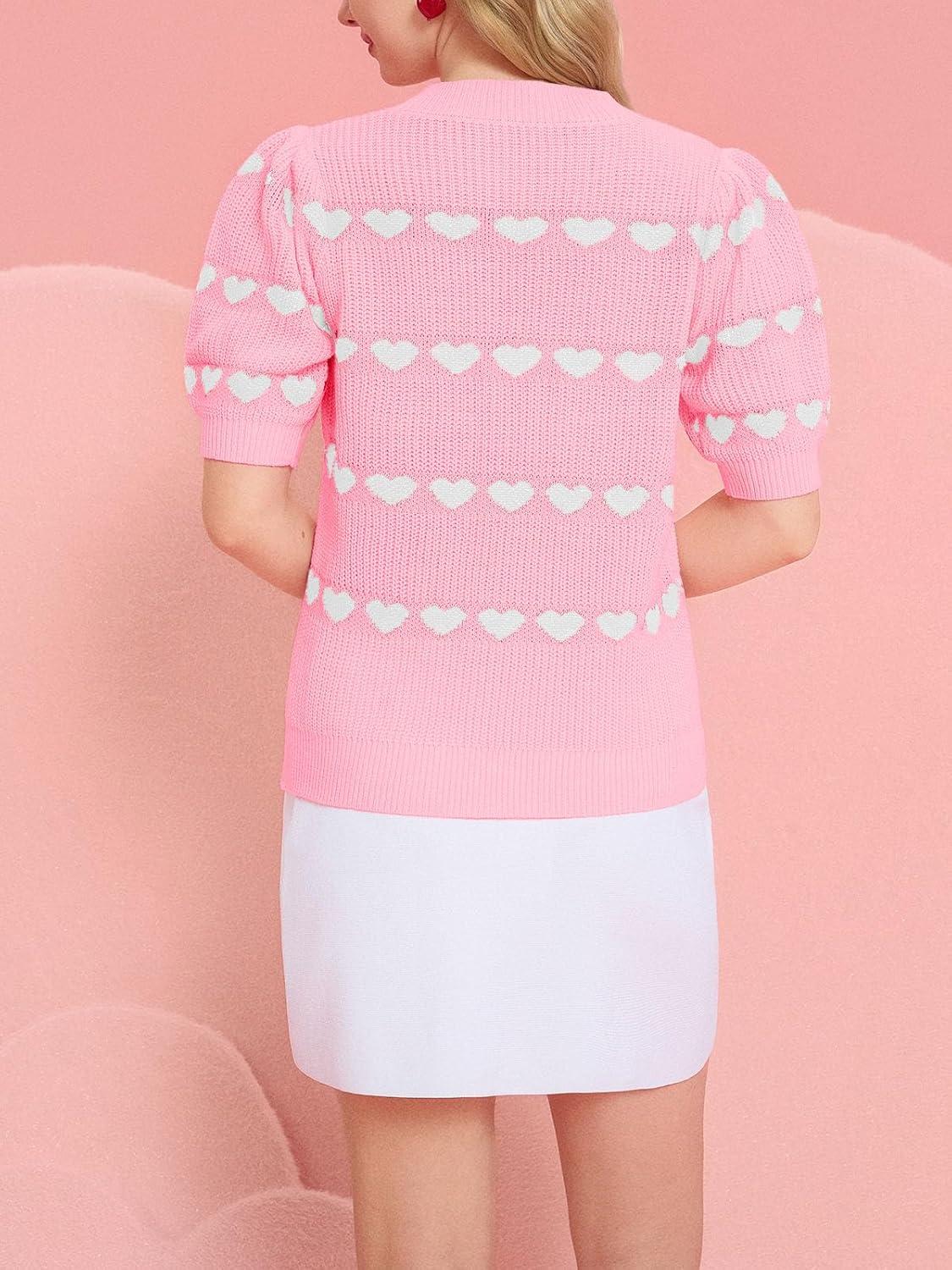 image:imageSaodimallsu Womens Heart Striped Sweaters Valentines Puff Short Sleeve Sweaters Cute Lightweight Knit Crewneck TopsPink