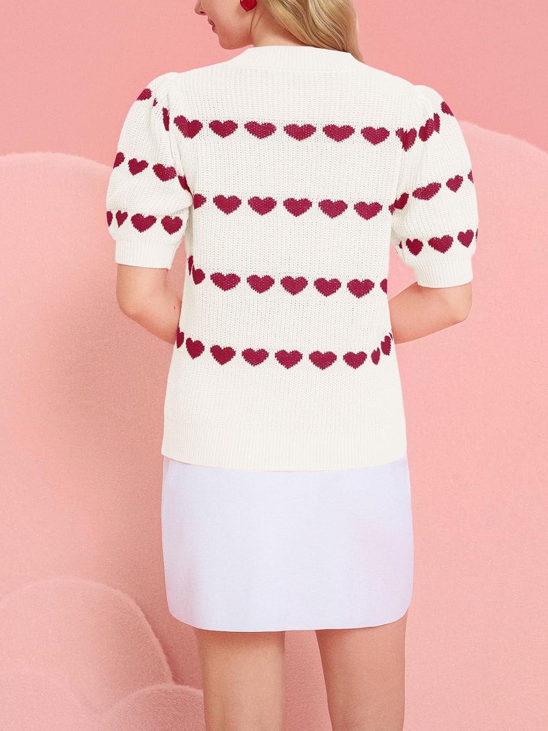 image:imageSaodimallsu Womens Heart Striped Sweaters Valentines Puff Short Sleeve Sweaters Cute Lightweight Knit Crewneck TopsWhite