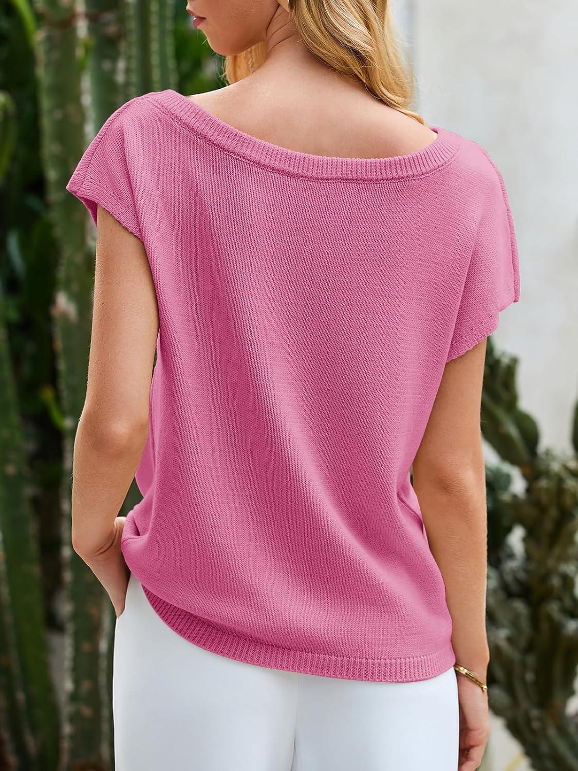 image:imageSaodimallsu Womens Off Shoulder Short Sleeve Knit Sweater TopPink