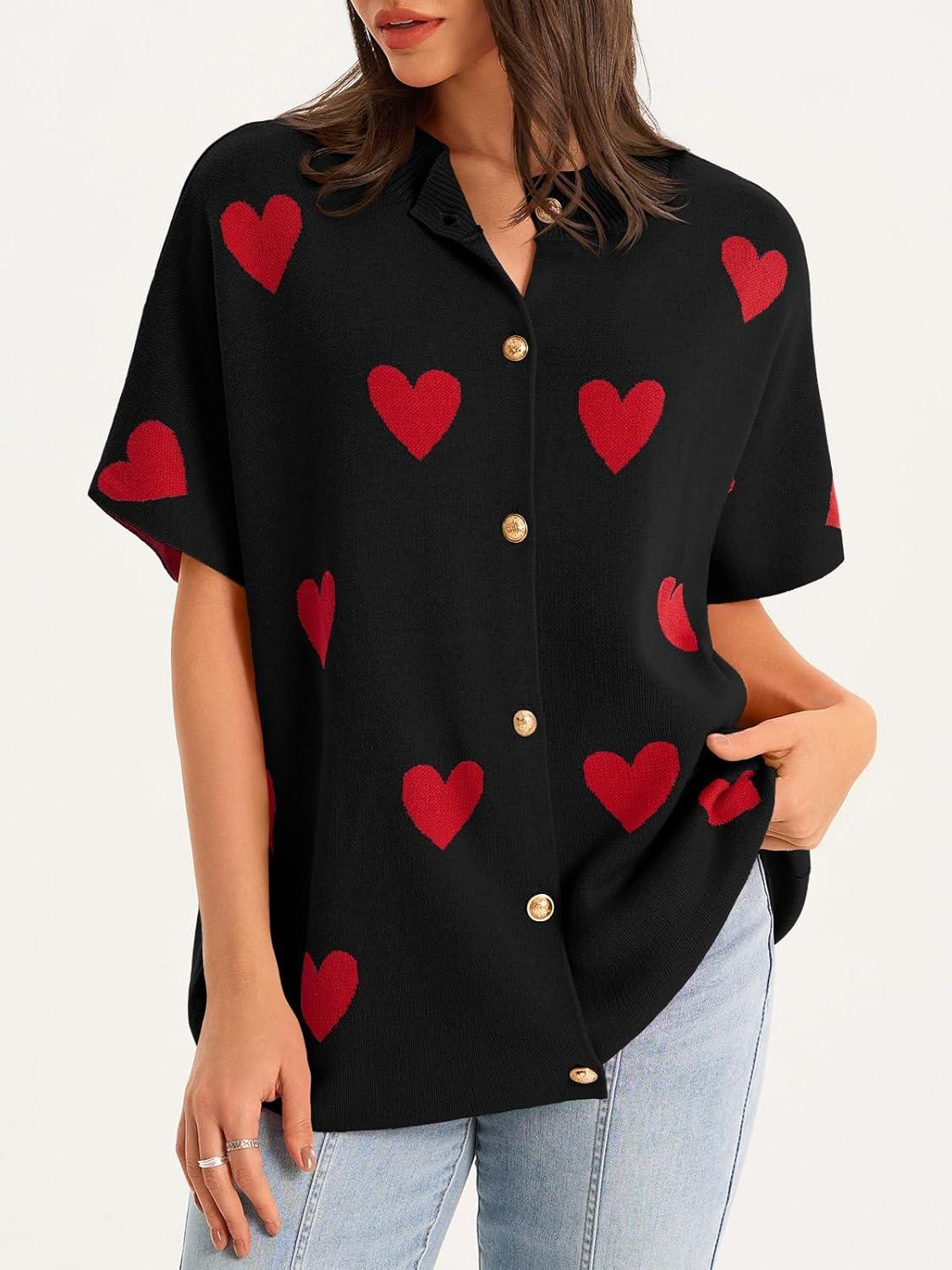 image:imageSaodimallsu Womens Oversized Cardigan Sweaters Short Sleeve Button Down Casual Lightweight Loose Knit Trendy CardigansHeartblack