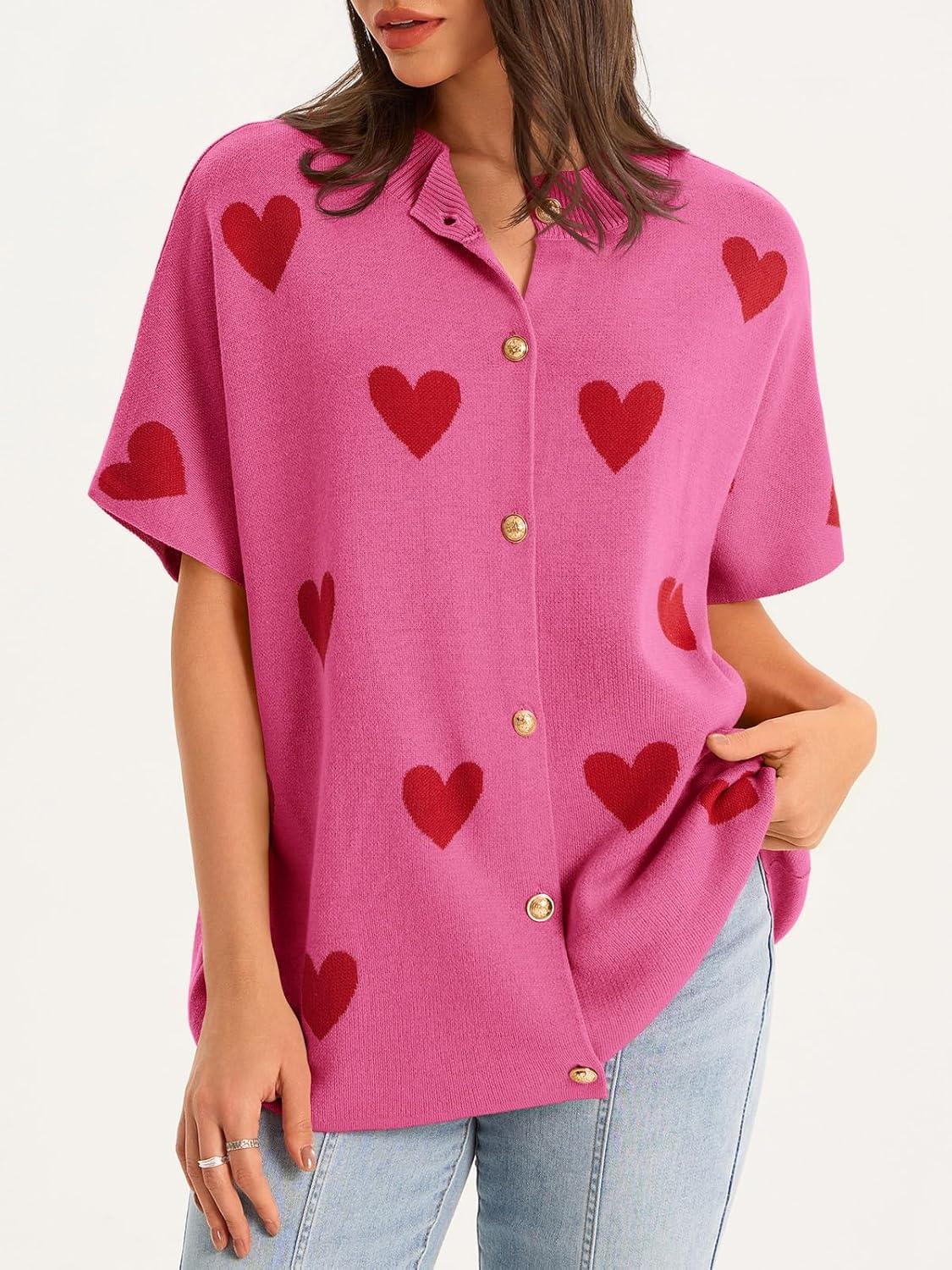 image:imageSaodimallsu Womens Oversized Cardigan Sweaters Short Sleeve Button Down Casual Lightweight Loose Knit Trendy CardigansHeartrose Red