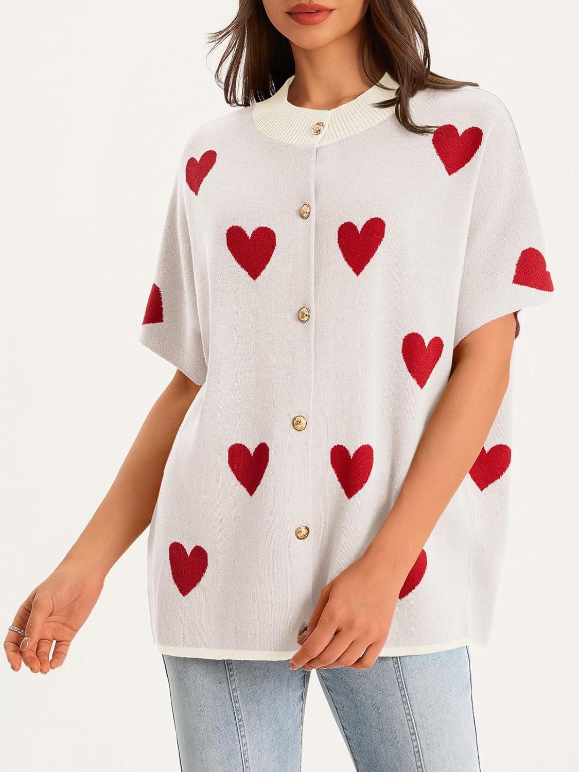 image:imageSaodimallsu Womens Oversized Cardigan Sweaters Short Sleeve Button Down Casual Lightweight Loose Knit Trendy CardigansHeartwhite