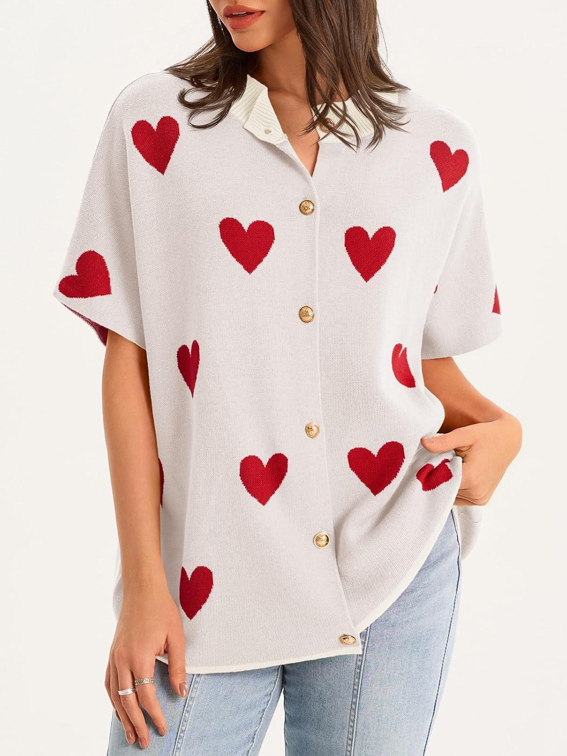 image:imageSaodimallsu Womens Oversized Cardigan Sweaters Short Sleeve Button Down Casual Lightweight Loose Knit Trendy CardigansHeartwhite