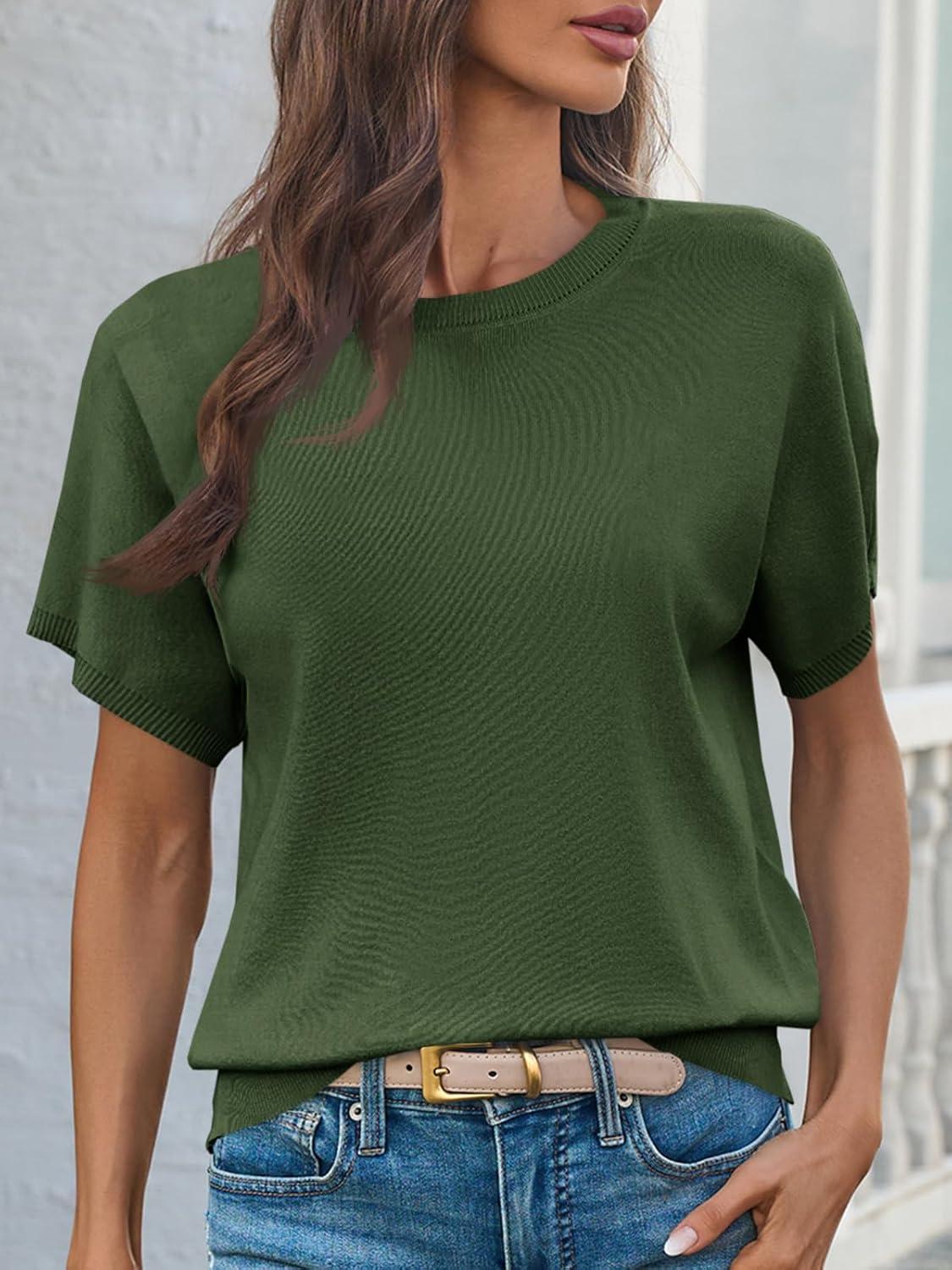 image:imageSaodimallsu Womens Short Sleeve Crew Neck Knit Pullover SweaterArmy Green