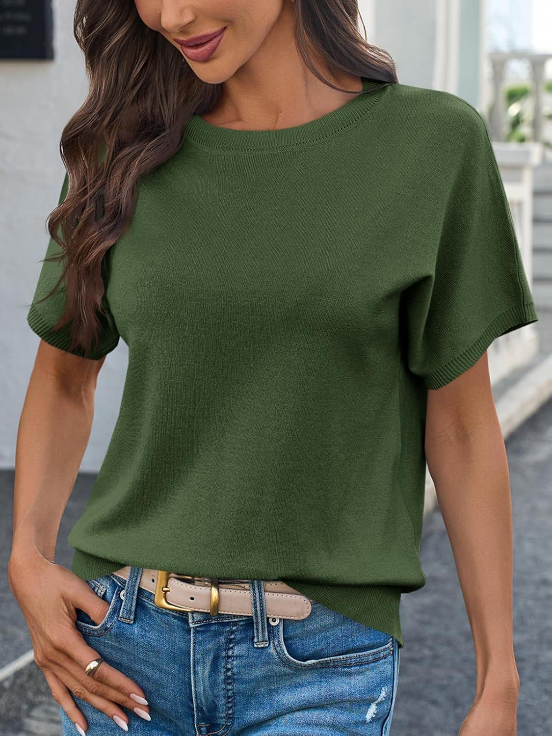 image:imageSaodimallsu Womens Short Sleeve Crew Neck Knit Pullover SweaterArmy Green