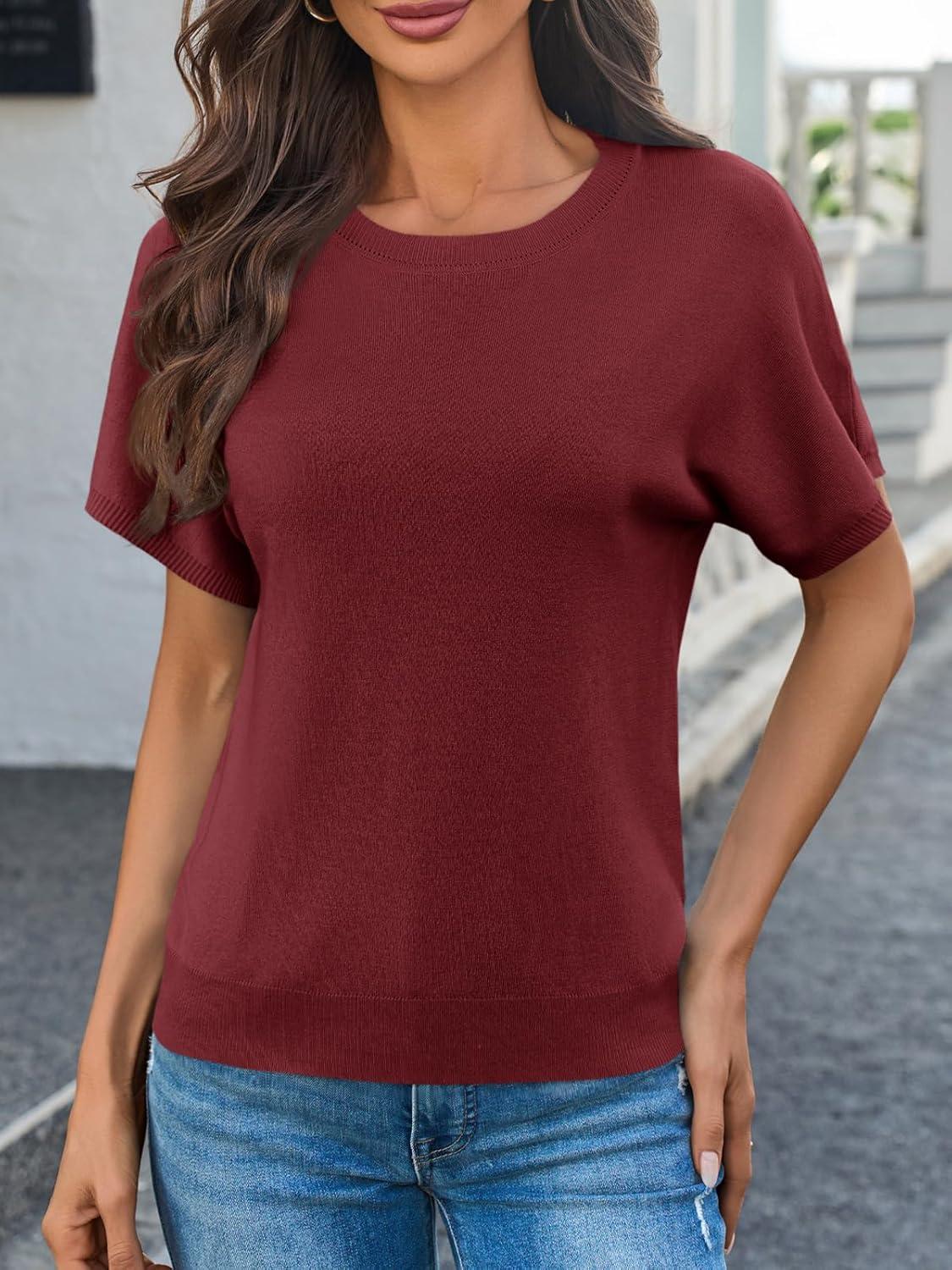image:imageSaodimallsu Womens Short Sleeve Crew Neck Knit Pullover SweaterBurgundy
