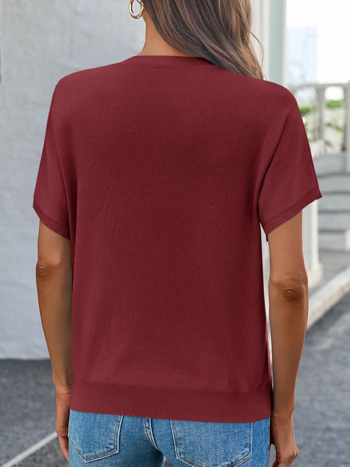 image:imageSaodimallsu Womens Short Sleeve Crew Neck Knit Pullover SweaterBurgundy
