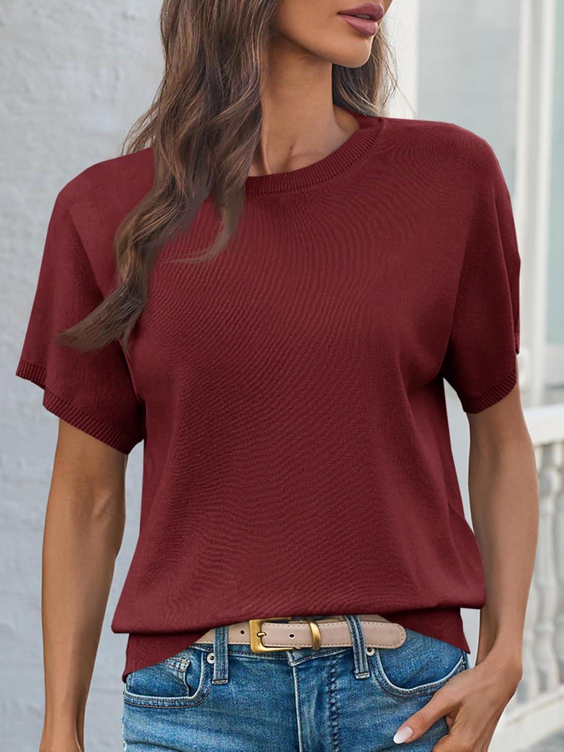 image:imageSaodimallsu Womens Short Sleeve Crew Neck Knit Pullover SweaterBurgundy