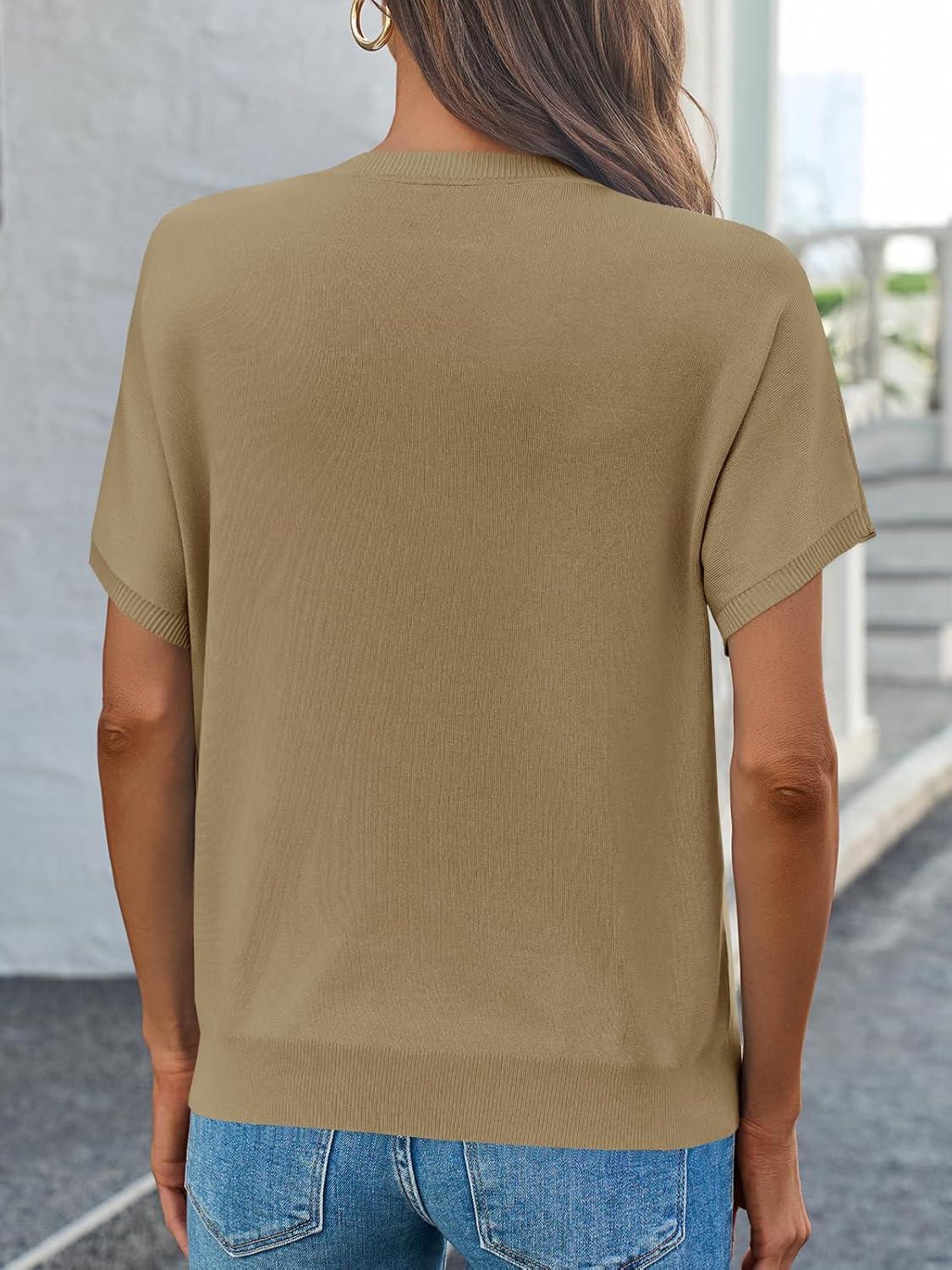 image:imageSaodimallsu Womens Short Sleeve Crew Neck Knit Pullover SweaterKhaki