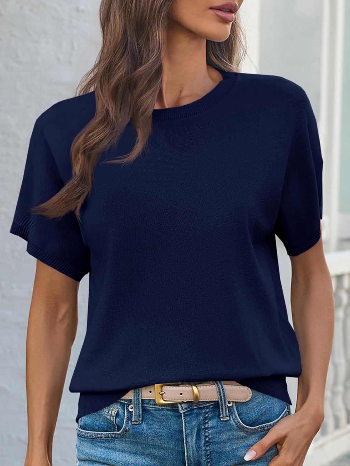 image:imageSaodimallsu Womens Short Sleeve Crew Neck Knit Pullover SweaterNavy Blue