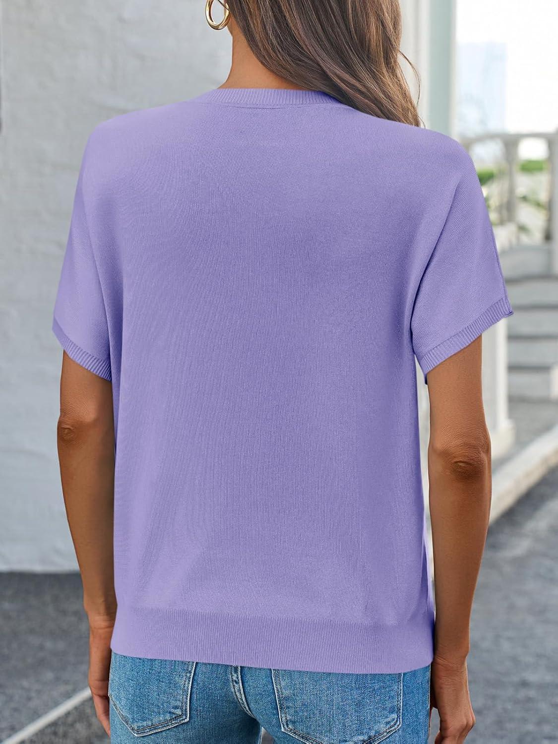 image:imageSaodimallsu Womens Short Sleeve Crew Neck Knit Pullover SweaterPurple