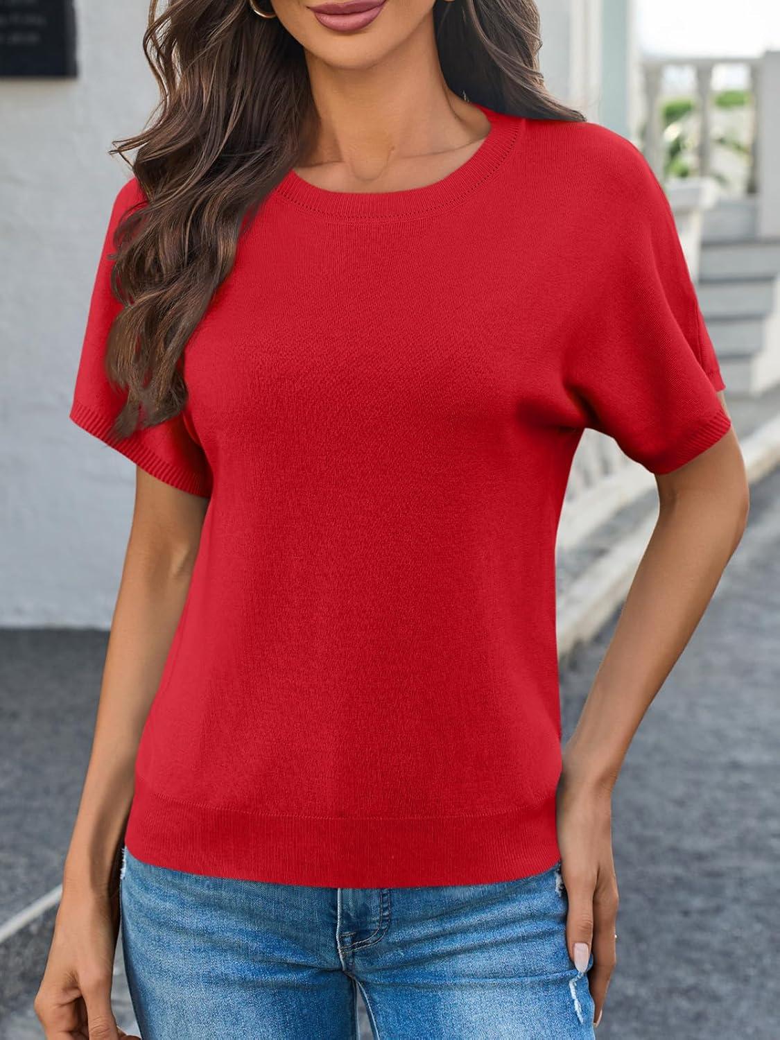 image:imageSaodimallsu Womens Short Sleeve Crew Neck Knit Pullover SweaterRed