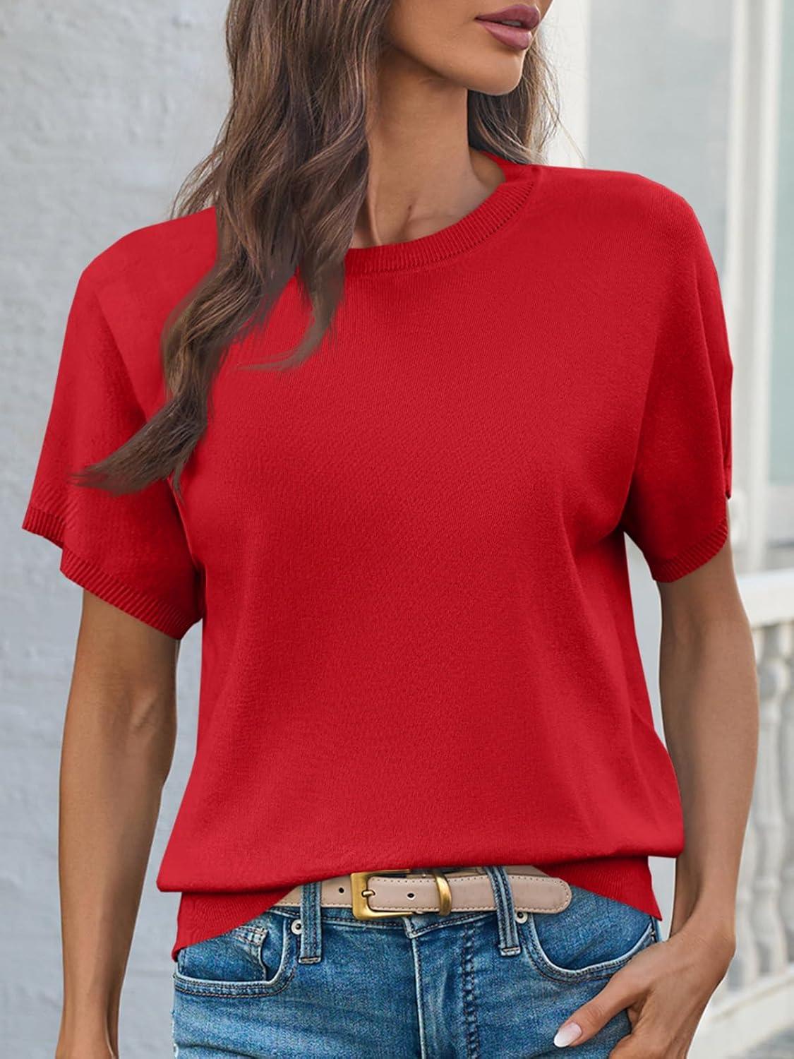 image:imageSaodimallsu Womens Short Sleeve Crew Neck Knit Pullover SweaterRed