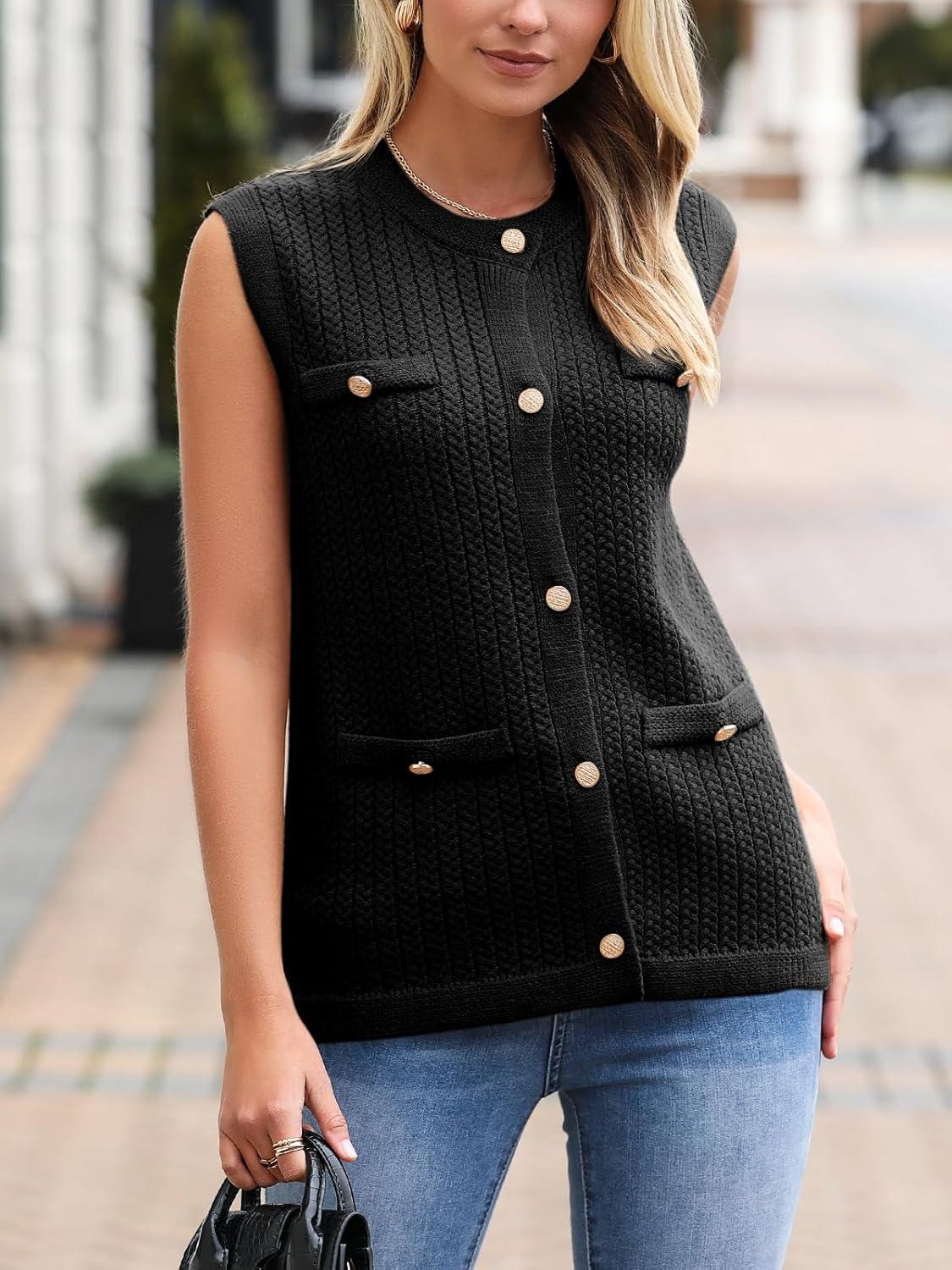 image:imageSaodimallsu Womens Sleeveless Sweater Vest Button Up Cable Knit Crew Neck Trendy Casual Loose Summer CardiganBlack