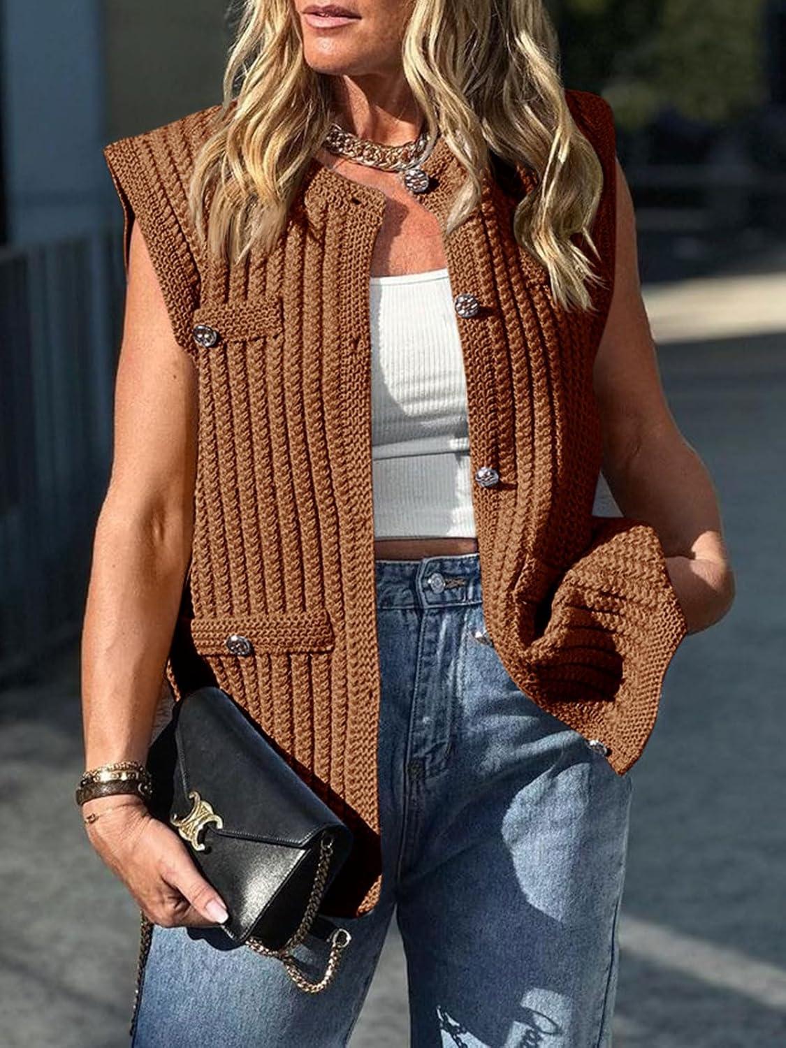 image:imageSaodimallsu Womens Sleeveless Sweater Vest Button Up Cable Knit Crew Neck Trendy Casual Loose Summer CardiganBrown
