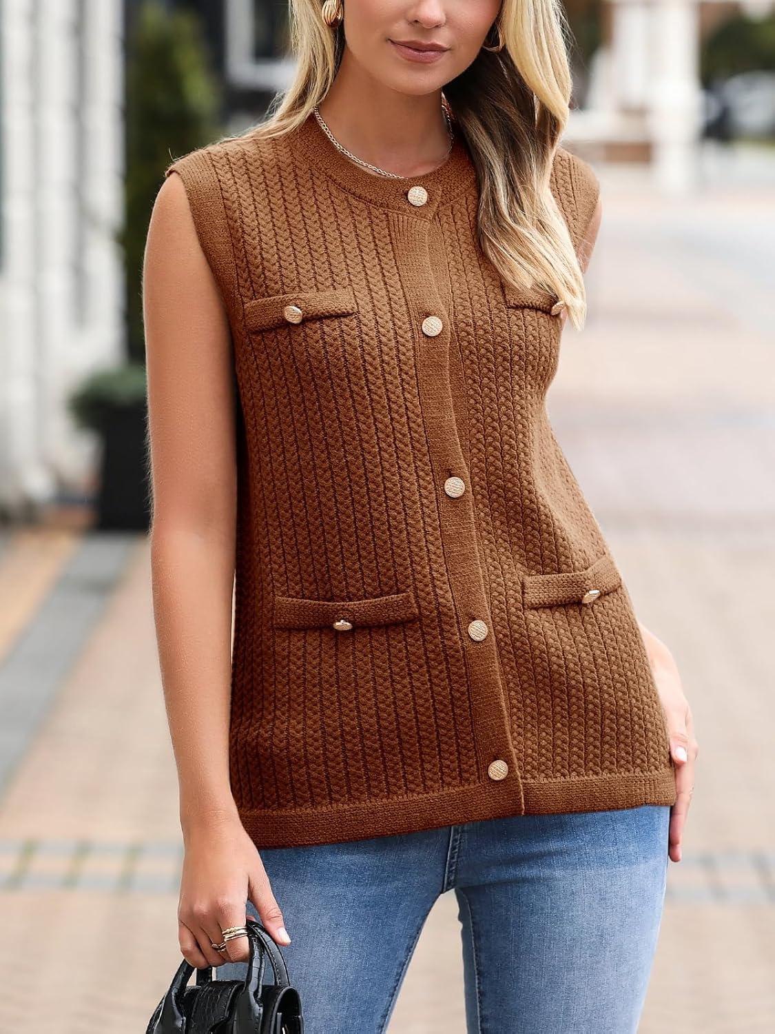 image:imageSaodimallsu Womens Sleeveless Sweater Vest Button Up Cable Knit Crew Neck Trendy Casual Loose Summer CardiganBrown
