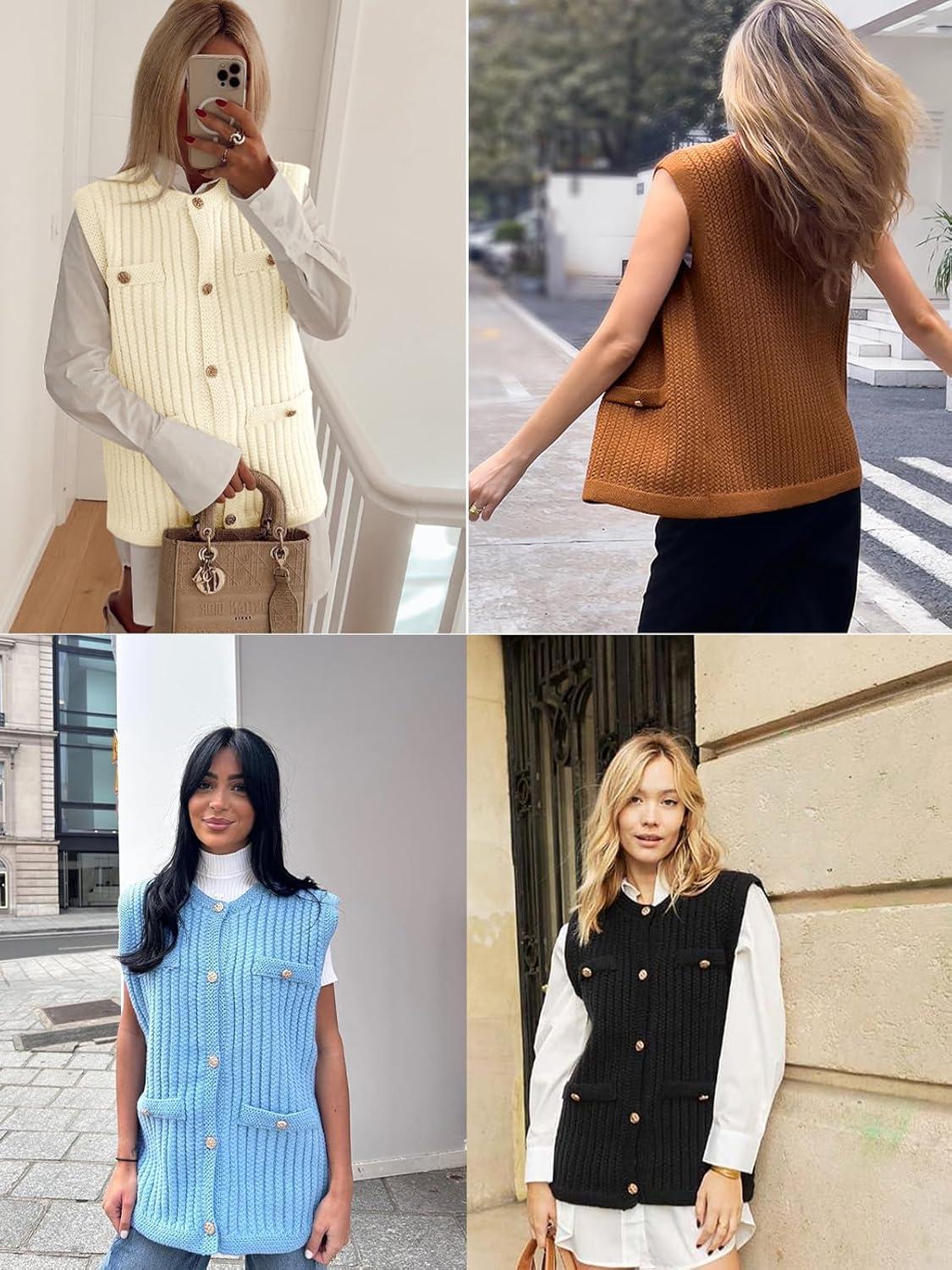 image:imageSaodimallsu Womens Sleeveless Sweater Vest Button Up Cable Knit Crew Neck Trendy Casual Loose Summer CardiganBrown