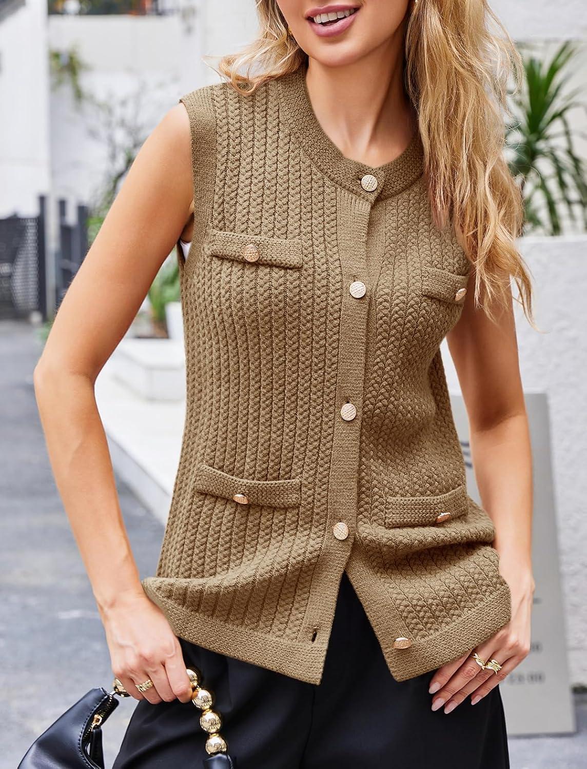 image:imageSaodimallsu Womens Sleeveless Sweater Vest Button Up Cable Knit Crew Neck Trendy Casual Loose Summer CardiganKhaki