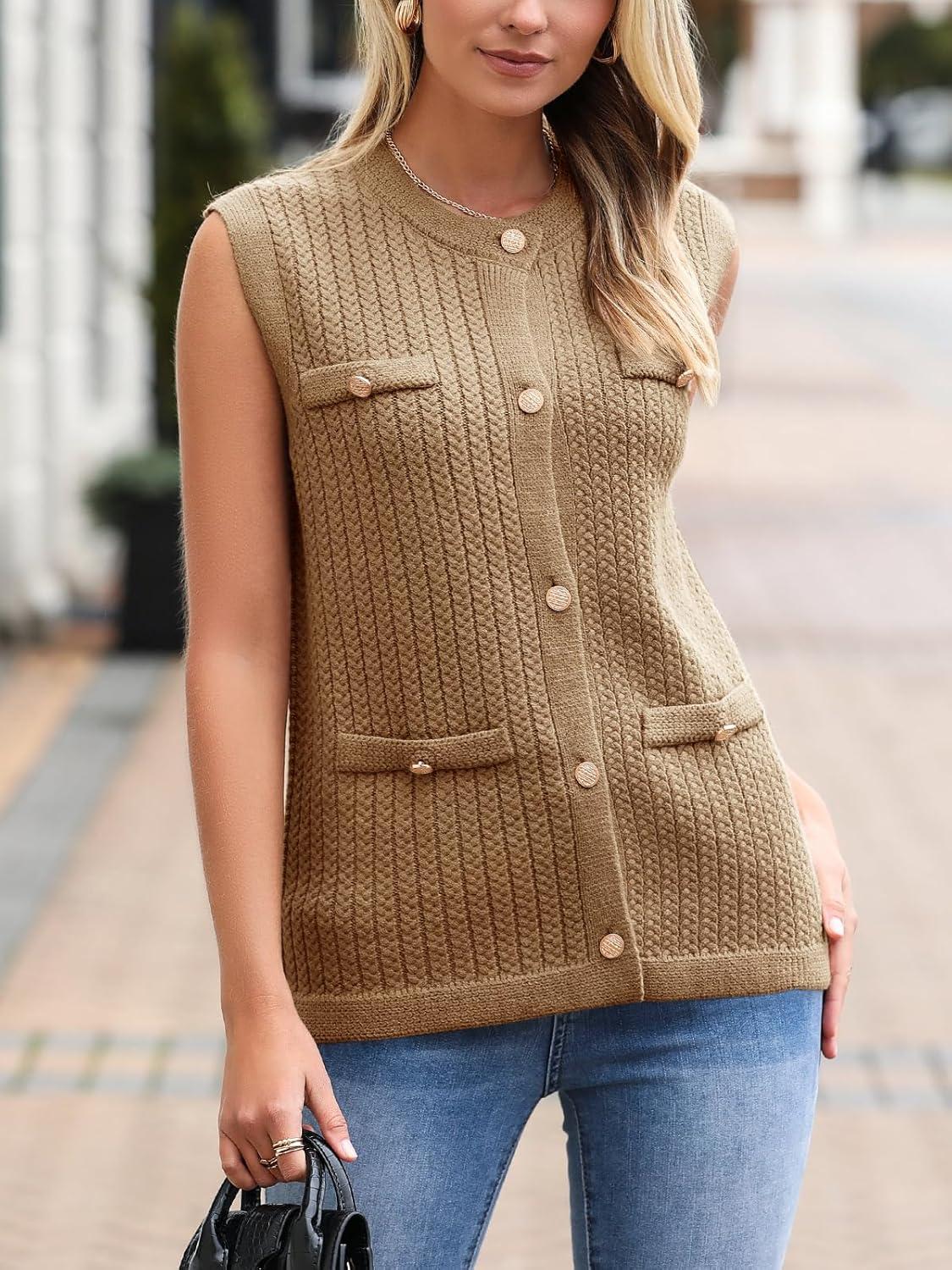 image:imageSaodimallsu Womens Sleeveless Sweater Vest Button Up Cable Knit Crew Neck Trendy Casual Loose Summer CardiganKhaki