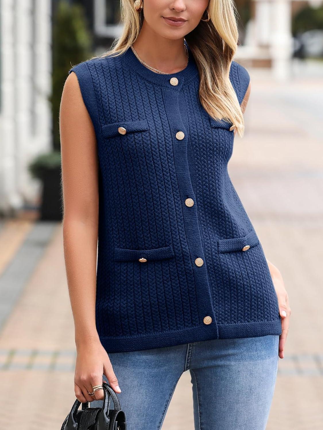 image:imageSaodimallsu Womens Sleeveless Sweater Vest Button Up Cable Knit Crew Neck Trendy Casual Loose Summer CardiganNavy