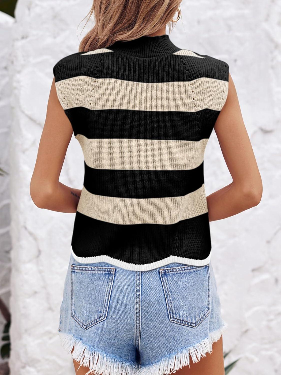 image:imageSaodimallsu Womens Striped Sweater Vest Sleeveless Mock Neck Cap Sleeve Ribbed Knit Summer Crop TopsBeige