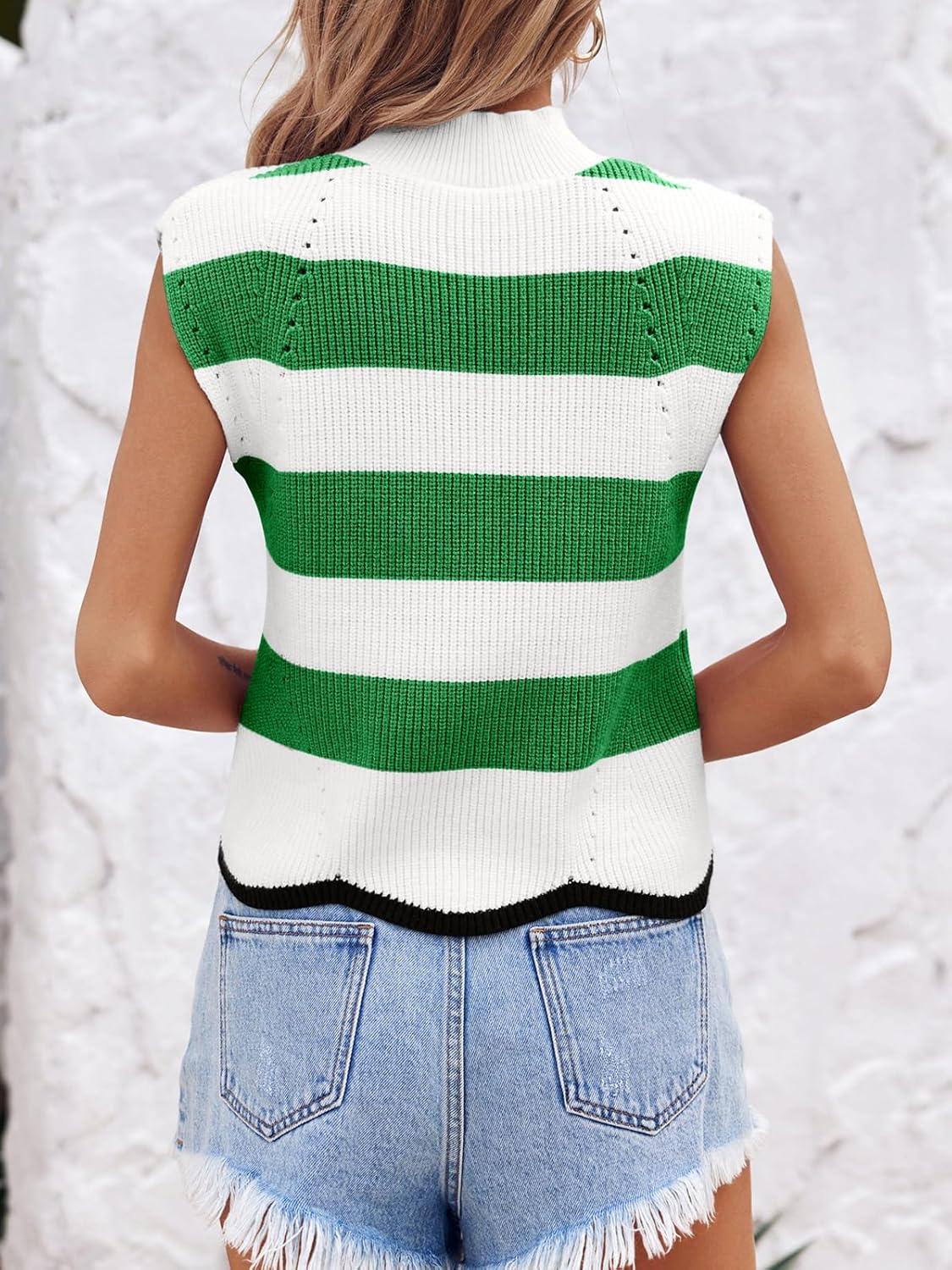image:imageSaodimallsu Womens Striped Sweater Vest Sleeveless Mock Neck Cap Sleeve Ribbed Knit Summer Crop TopsGreen