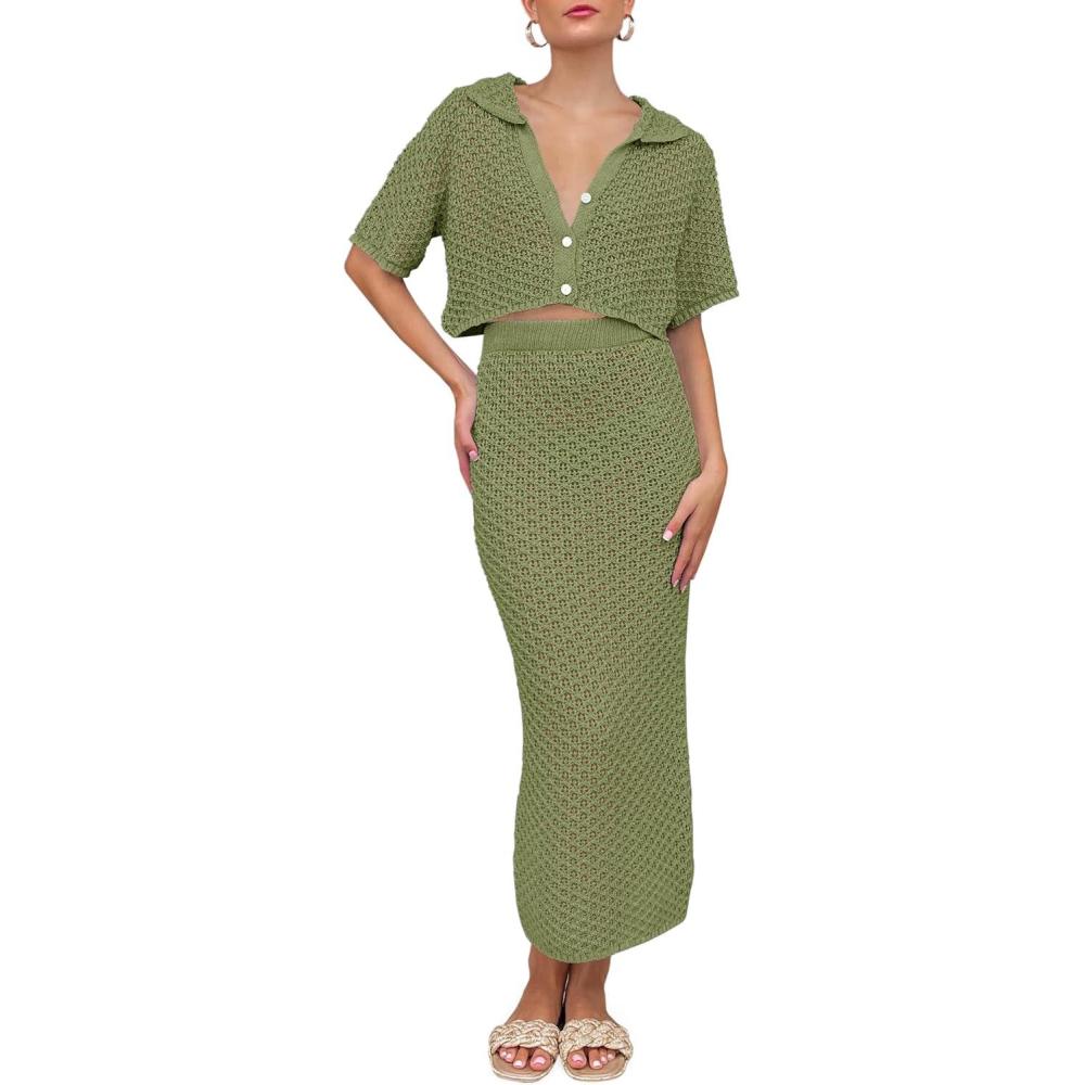image:imageSaodimallsu Women Crochet Beach Cover Up Set Knit Crop Button Short Sleeve Collar Top Bodycon Long Skirt 2 Piece OutfitsGreen