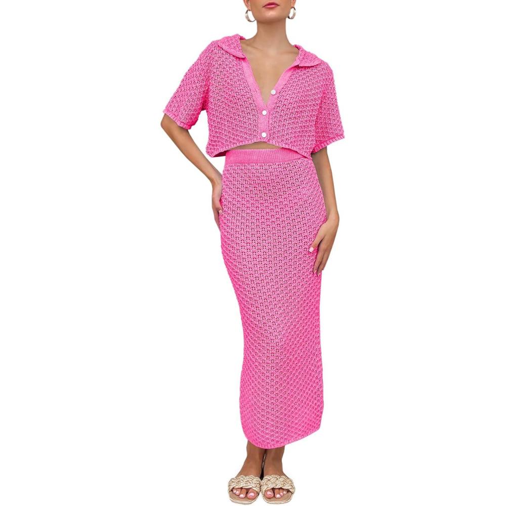 image:imageSaodimallsu Women Crochet Beach Cover Up Set Knit Crop Button Short Sleeve Collar Top Bodycon Long Skirt 2 Piece OutfitsRose Red